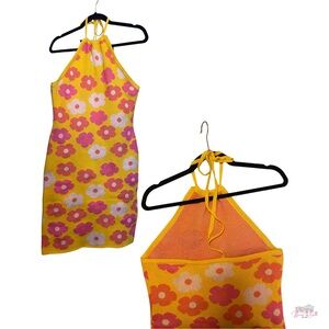 Altar'd State Yellow Pink Floral Knit Halter Mini Dress L